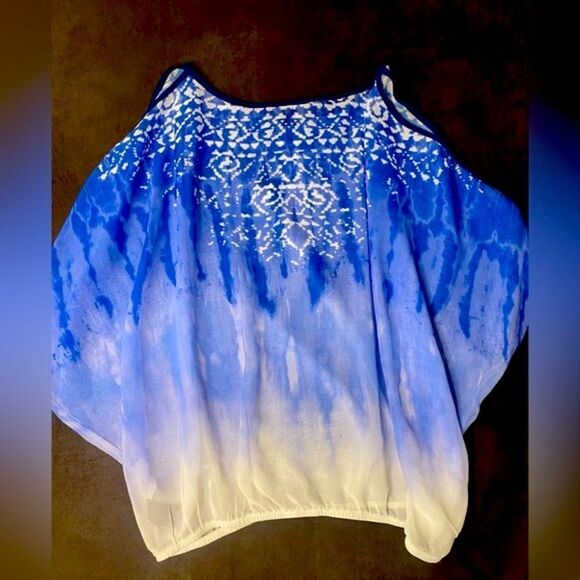BCX Blue and White Ombré Beaded Cold Shoulder Top/Blouse - Picture 9 of 11